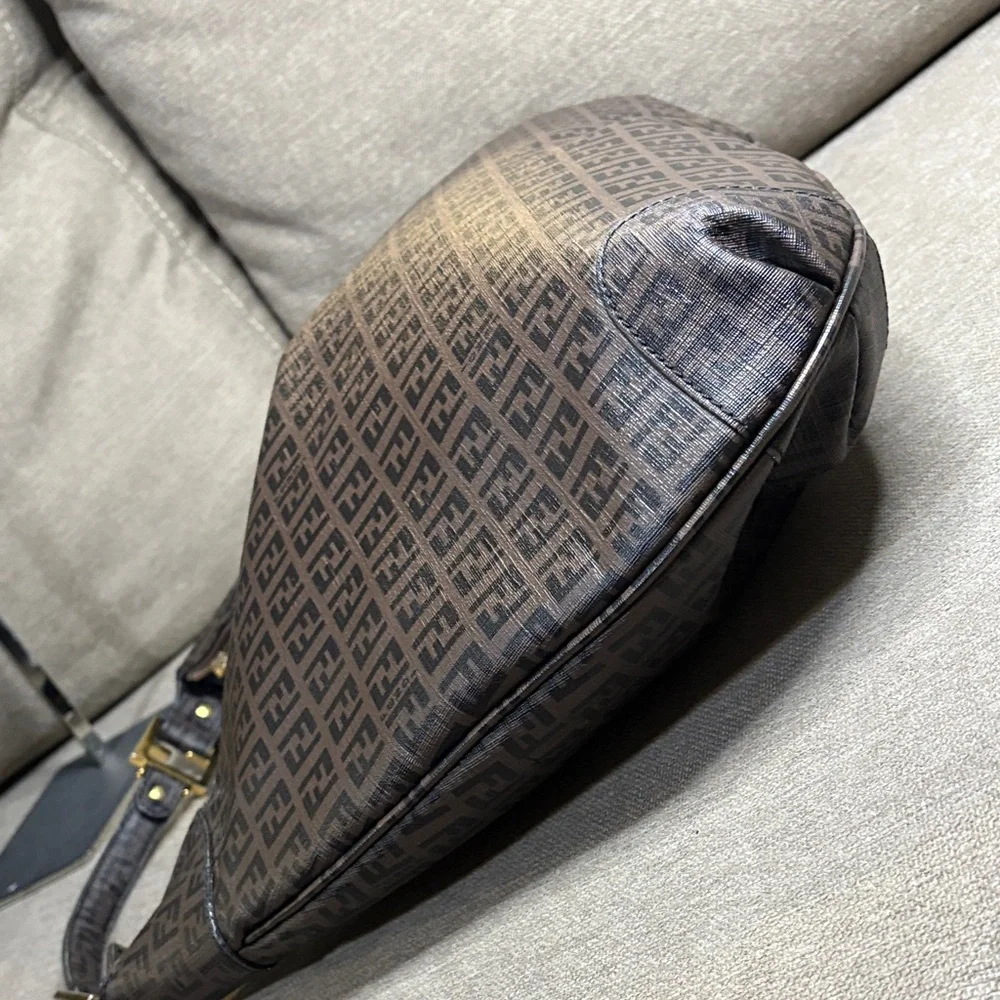 Authentic Fendi Dark Brown Zucchino FF Logo Hobo Bag with Gold-Tone Accents